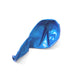 Deflated metallic blue latex balloon with a glossy surface, lying slightly crumpled on a white background.