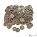 Pile of gold-colored plastic pirate coins with skull and crossbones design embossed on them.