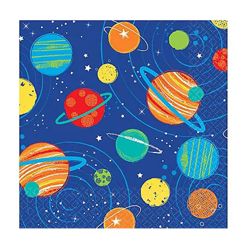 Colorful space-themed design featuring a variety of illustrated planets, moons, and stars against a deep blue background. Some planets have rings, and orbital paths are shown in light blue lines.