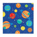 Colorful space-themed design featuring a variety of illustrated planets, moons, and stars against a deep blue background. Some planets have rings, and orbital paths are shown in light blue lines.