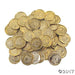 Pile of shiny gold plastic coins with embossed designs, commonly used as play money or party favors.