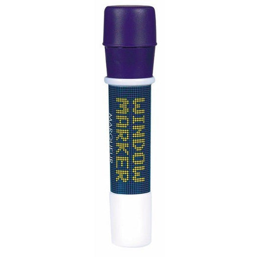 Purple-capped window marker with a white base and a blue label featuring the words 'WINDOW MARKER' in bold yellow letters. Designed for writing or drawing on glass surfaces such as windows and mirrors.