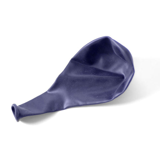 Uninflated violet latex balloon resting on a white background.