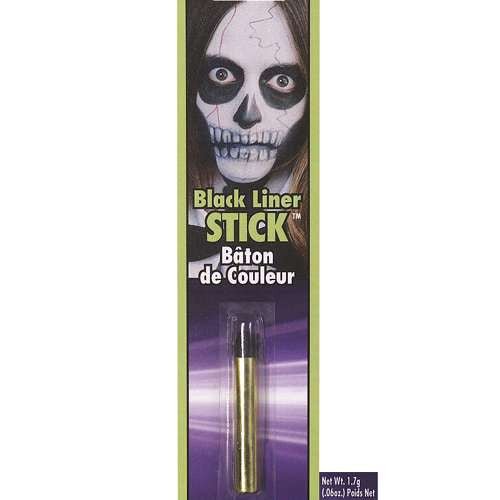 Package of black liner stick makeup featuring a model with skeletal face paint. The product is displayed in a clear blister pack with text in English and French, reading 'Black Liner Stick' and 'Bâton de Couleur'.