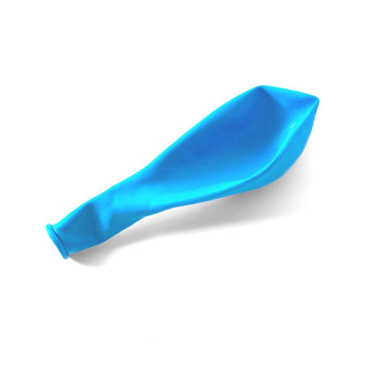 Single uninflated robin egg blue balloon lying flat on a white background.