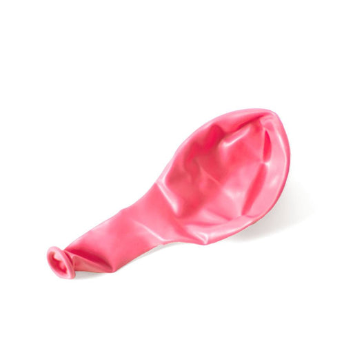 Single uninflated pink latex balloon placed on a white background.