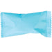 Individually wrapped candy in a shiny light blue metallic wrapper with crimped edges, displayed against a white background.