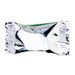 Individually wrapped buttermint cream candy in smooth metallic silver plastic wrapper with crimped edges.