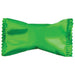 Individually wrapped candy in a shiny green metallic wrapper with crimped edges, displayed against a white background.