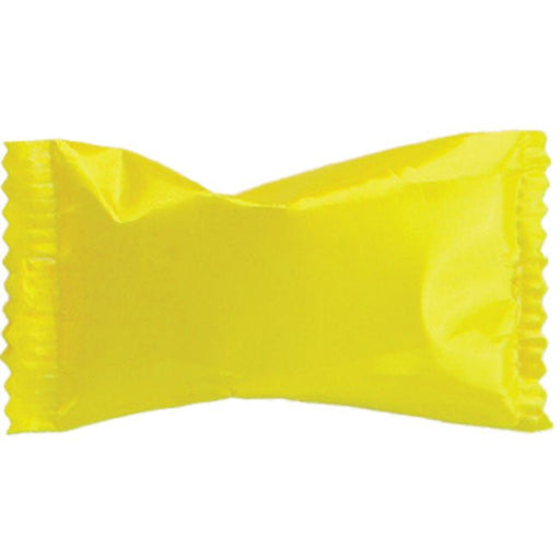 Individually wrapped candy in a shiny yellow metallic wrapper with crimped edges, displayed against a white background.