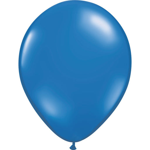 Inflated sapphire blue latex balloon with a smooth, shiny surface and a tied end, centered against a white background.