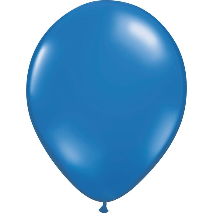 Inflated sapphire blue latex balloon with a smooth, shiny surface and a tied end, centered against a white background.