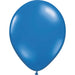 Inflated sapphire blue latex balloon with a smooth, shiny surface and a tied end, centered against a white background.