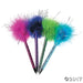 Set of four colorful novelty pens with sparkly glitter shafts and fluffy pom-pom tops in pink, purple, green, and blue, each decorated with shiny tinsel strands.