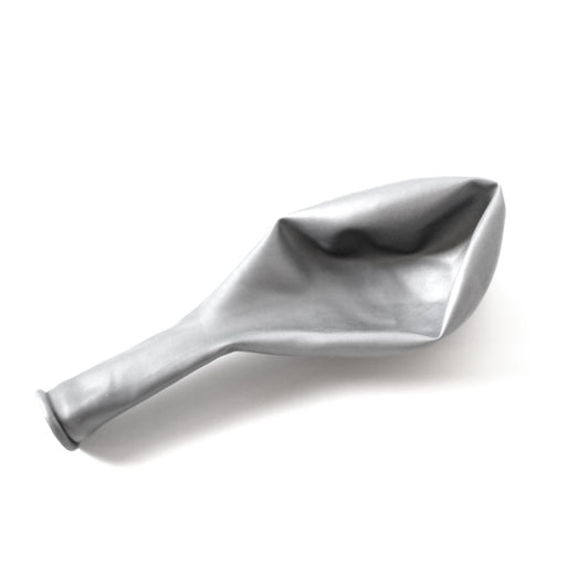 Single uninflated silver metallic balloon lying flat on a white background.