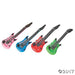 Set of four inflatable toy guitars in bright colors, including pink, blue, red, and green, each decorated with black starburst designs and strings, arranged in a row.