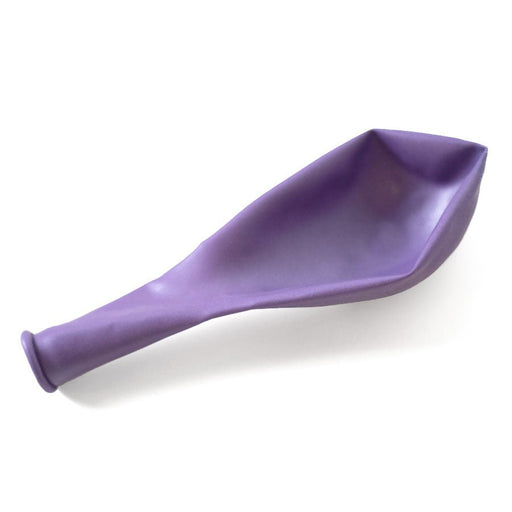 Uninflated lilac balloon resting on a white surface.