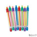A set of colorful novelty pencils in clear plastic tubes, each filled with rainbow-colored lead and capped with red, green, blue, or purple erasers.