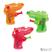 Set of three colorful plastic water guns in translucent orange, green, and red, each with a small pump-style trigger.