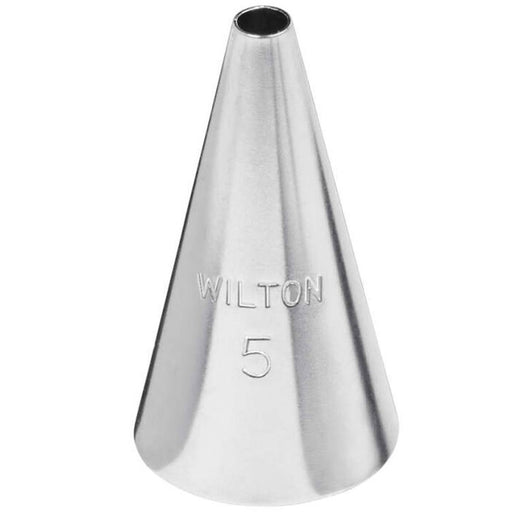 Wilton piping tip number 5 made of stainless steel, shown upright with a small round opening at the top and the engraved label 'WILTON 5' on the side.