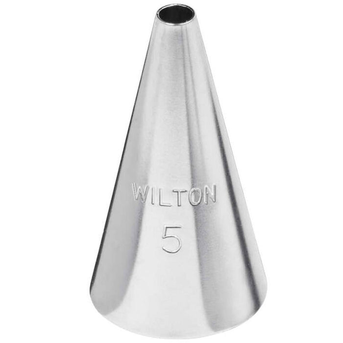 Wilton piping tip number 5 made of stainless steel, shown upright with a small round opening at the top and the engraved label 'WILTON 5' on the side.
