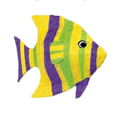 Tropical fish-shaped piñata decorated with vibrant layered tissue paper in yellow, green, and purple stripes. The design includes a round black and white eye and distinctive fins, making it ideal for ocean or under-the-sea themed parties.