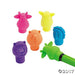 Set of colorful animal-shaped pencil toppers in pink, yellow, orange, purple, and blue, displayed with a green pencil showing one topper attached.