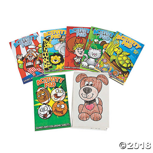 Set of colorful children's activity pads with illustrated covers featuring various cartoon characters such as a clown, jungle animals, a superhero, a cat, and sea creatures. The covers are brightly colored in red, yellow, orange, green, and blue. One open pad displays a partially colored-in drawing of a brown dog holding a red heart. Each pad includes games and coloring sheets.