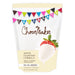 White bag of ChocoMaker White Fountain Formula vanilla-flavored dipping candy. The packaging features a multicolor 'Celebrate' banner with triangle flags in pink, red, blue, green, black, and purple across the top. A white chocolate-dipped red strawberry with green leaves is pictured on the front. The text includes brown ChocoMaker branding and black and gray product details, highlighting 'No Oil Needed' and a net weight of 2 pounds (907.2g).