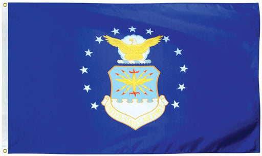 Rectangular flag with a deep blue background featuring a circular arrangement of white five-pointed stars around a central crest. The crest includes a yellow eagle with outstretched wings above a shield displaying lightning bolts and a stylized cloud. A scroll beneath the shield contains text. The hoist side has a white vertical strip with two brass grommets.