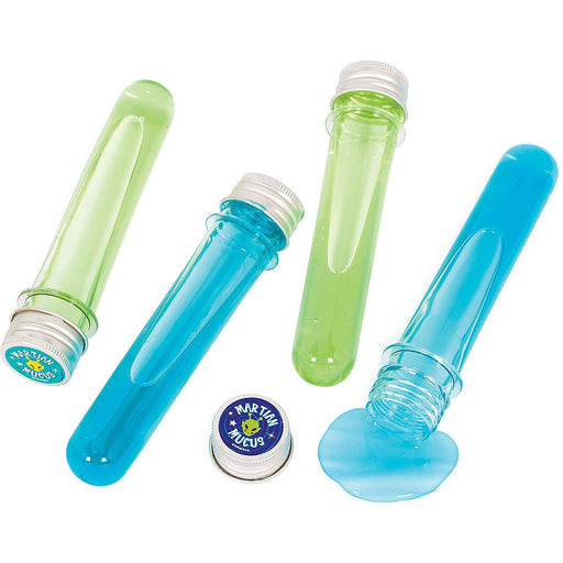 Plastic test tubes filled with green and blue slime labeled 'Martian Mucus.' Some tubes are shown closed with silver caps, while one is open with slime spilling out.