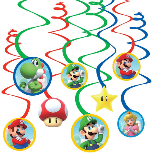 Super Mario Bros Spiral Hanging Decoration Kit with Cutouts | 12 ct - Zurchers