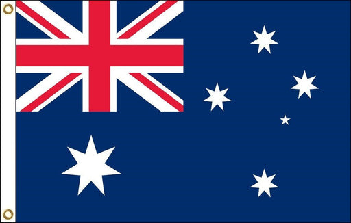 Rectangular flag with a dark blue background. The top left corner contains a design with red, white, and blue intersecting crosses. To the right, there are five white stars forming a constellation and a larger white seven-pointed star below the corner design. Two brass grommets are visible on the hoist side.