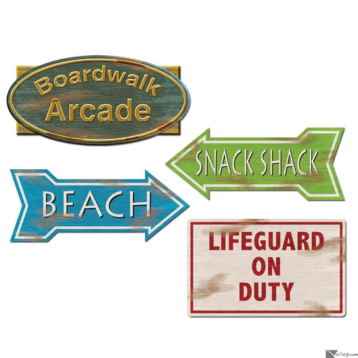 Set of four decorative beach-themed signs with a weathered wood look, including 'Boardwalk Arcade' in an oval shape, green arrow reading 'Snack Shack', blue arrow labeled 'Beach', and a rectangular sign that says 'Lifeguard on Duty' in red text.

