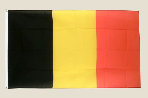 Rectangular flag with three vertical stripes: black on the left, yellow in the center, and red on the right. Two metal grommets are visible on the white hoist edge.