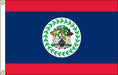 Rectangular flag with a blue field bordered by narrow red stripes at the top and bottom. At the center is a white circle containing a detailed coat of arms with two human figures, tools, a tree, and a shield, all surrounded by a green laurel wreath. Two brass grommets are visible on the white hoist edge.
