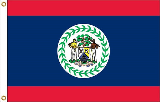 Rectangular flag with a blue field bordered by narrow red stripes at the top and bottom. At the center is a white circle containing a detailed coat of arms with two human figures, tools, a tree, and a shield, all surrounded by a green laurel wreath. Two brass grommets are visible on the white hoist edge.