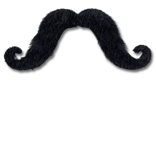 Black faux-fur costume mustache with a classic curled handlebar shape – self-adhesive and textured for a realistic look, perfect for themed parties, disguises, photo booths, or character costumes.