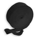 Large roll of black crepe paper streamer with one end loosely unrolled on a white background.