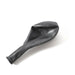Deflated black latex balloon placed on a white surface, showing its elongated neck and oval body.