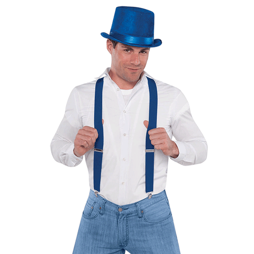 Man wearing royal blue suspenders over a white button-down shirt and blue jeans. The suspenders feature silver clips attaching to the waistband and adjustable straps for a secure fit, suitable for costumes, formalwear, or fashion accessories.