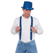 Man wearing royal blue suspenders over a white button-down shirt and blue jeans. The suspenders feature silver clips attaching to the waistband and adjustable straps for a secure fit, suitable for costumes, formalwear, or fashion accessories.