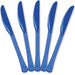 Five blue plastic knives arranged in a fan shape with serrated edges facing outward, displayed against a white background.