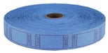 Large roll of blue raffle tickets with black serial numbers and perforated edges, wound around a cardboard core.