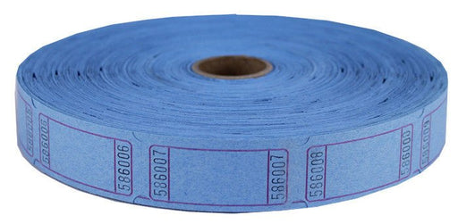 Large roll of blue raffle tickets with black serial numbers and perforated edges, wound around a cardboard core.