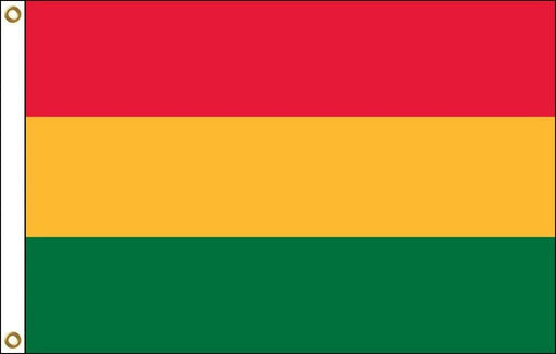 Rectangular flag with three horizontal stripes: red on the top, yellow in the middle, and green on the bottom. The hoist side features a white vertical strip with two brass grommets.