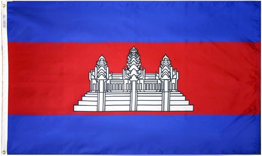 Rectangular flag with three horizontal stripes: blue on the top and bottom, and red in the center. A white, detailed architectural structure is centered in the red stripe. The hoist side has a white vertical strip with two brass grommets.