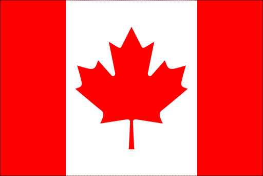 Rectangular flag with two vertical red stripes on the left and right sides and a white square in the center. A red, stylized 11-pointed leaf is centered in the white area.