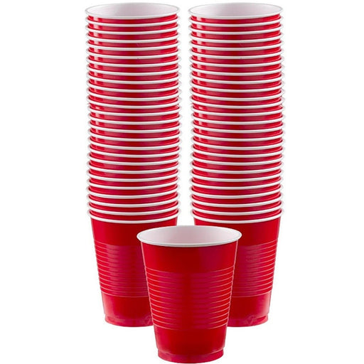 A set of red plastic party cups stacked in three tall columns, with approximately 50 cups in total. The cups are standard size, with a white interior and ridged exterior for grip. Two shorter stacks appear in the front, emphasizing the volume and design of the cups. The image showcases the product in bulk, ideal for large gatherings or events, and conveys durability and uniformity through consistent stacking.