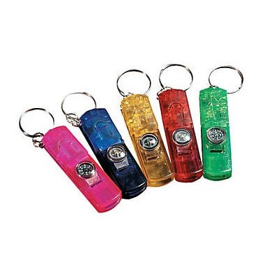 Set of five colorful plastic whistle keychains, each with a built-in compass. The whistles are pink, blue, yellow, red, and green, each attached to a metal key ring.
